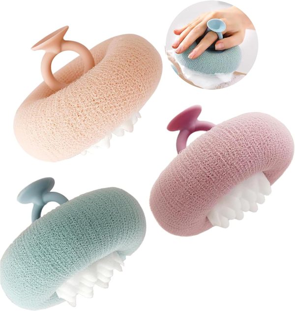 Super Soft Sunflower Suction Cup Bath Ball, New Upgraded 2-in-1 Sunflower Ball Exfoliating Bath Sponge Cleaning Brush, Mesh Shower Body Sponge Accessories for Women, Men(Cyan+Pink+Purple)
