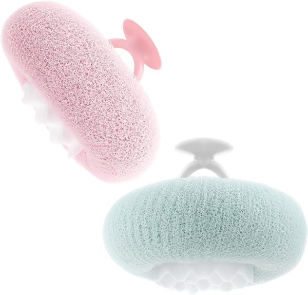 2 Pcs Soft Sunflower Suction Cup Bath Ball Bath Body Brush Exfoliating Mesh Bath Sponge Cleaning Scrubber Bath Sponge Brush with Comfortable Non-Slip Handle (Blue + Purple)