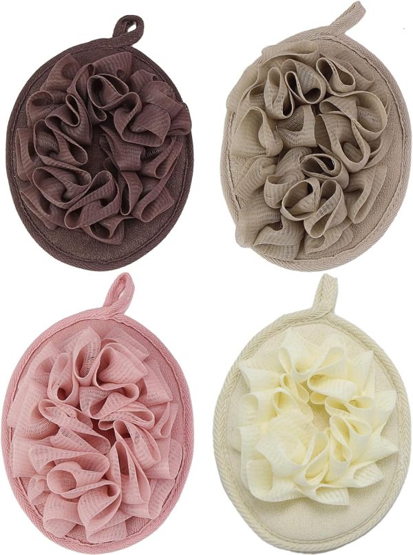 4PCS Bath Loofah Sponge Brushes for Body, Shower Mesh Brush, Pouf Shower Ball, Shower Glove with Flower Bath Ball, Exfoliating Mesh Sponge Pad Bulk for Men and Women