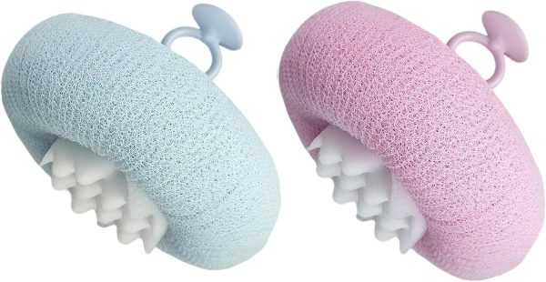 2Pcs Bath Sponge Shower Loofah, Exfoliating Body Scrubber, Upgrade Large 2-in-1 Sunflower Bath Ball with Suction Cup Non-Slip Handle, Bath Sponges for Men Women(Blue&Purple)