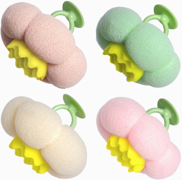 4 Pcs Bath Sponge, 2026 Upgrade Super Soft Yellow Flower-Shaped Suction Cup Bath Sponge, Upgraded 2-in-1 Flower-Shaped Ball Exfoliating Bath loofah Cleaning Brush, Mesh Shower Body Sponger4 Color