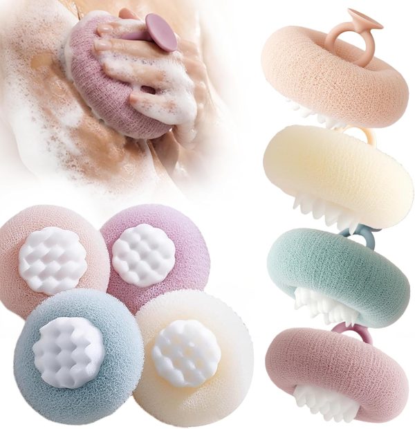 Super Soft Sunflower Suction Cup Bath Ball,  Upgraded 2-in-1 Sunflower Bath Ball Exfoliating Bath Sponge Cleaning Brush (Pink+Blue-Green+Beige+Purple)