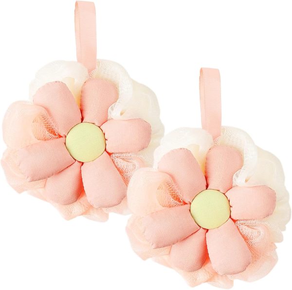 2PCS Cute Flower Bath Sponges Loofah Mesh Pouf Body Scrubber Exfoliating Shower Sponge for Women Shower Puff Soft Loofah Sponge Ball Bath Sponge for Sensitive Skin in Beauty Bathing Accessories