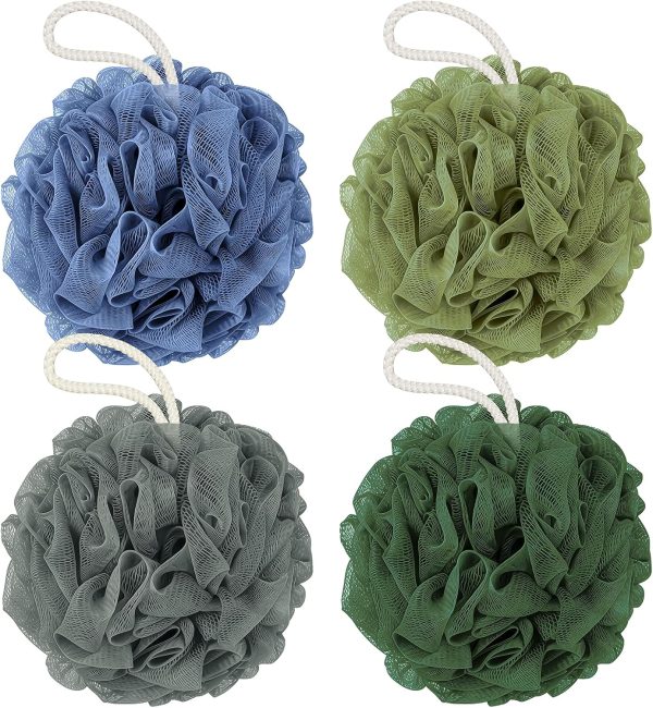 Shower Loofah Bath Sponge, 60G Loofah Exfoliating Body Scrubber, 4 Color Mesh Shower Pouf Balls for Body Wash (Blue Gray Green Dark Green)