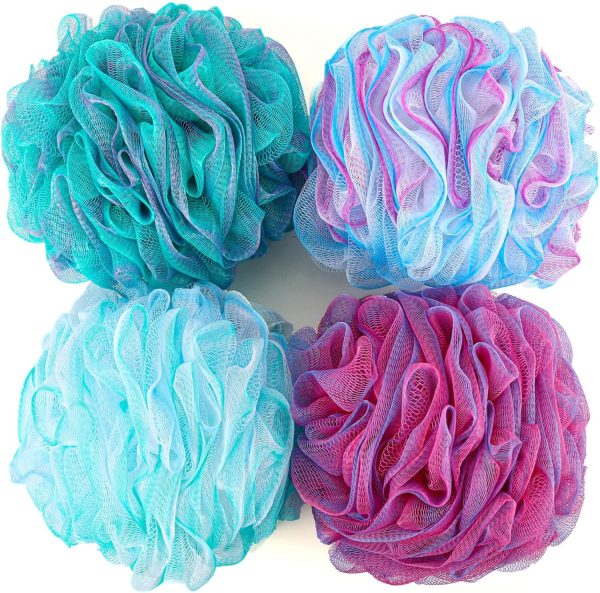 XXL Large Loofah Bath Sponge 100g/pc, Exfoliating Mesh Pouf Bath Scrunchies Shower Puffs - Pack of 4