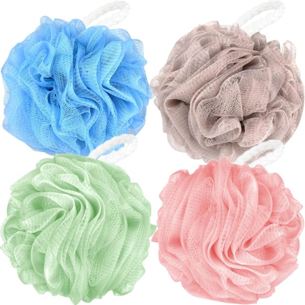 Loofah Sponge Shower Loofahs 70g Bath Sponges Mesh Balls 4 Colors for Body Scrubber Exfoliator Wash Back Scrubbers Bathroom Men Women 4 Pack Cleaning Bathing Accessories Blue Beige Green Pink