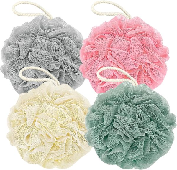 Shower Loofah Bath Sponge, 60G Loofah Exfoliating Body Scrubber, 4 Color Mesh Shower Pouf Balls for Body Wash (Pink Green White Gray)