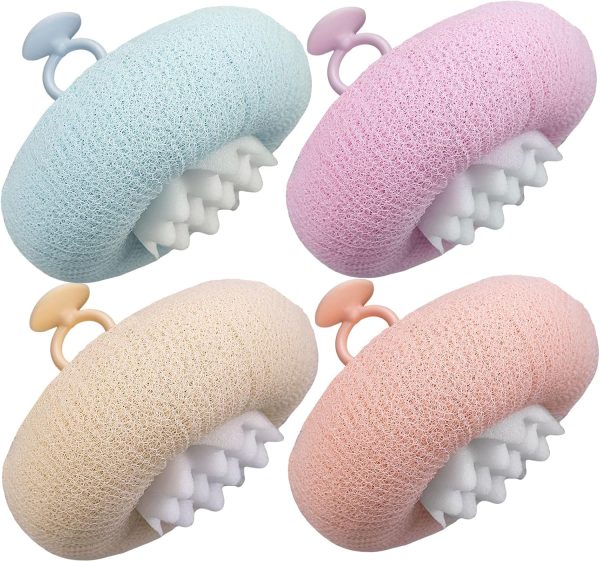 4Pcs New Upgrade 2-in-1 Sunflower Bath Ball, Ultra Soft Bath Sponge Cleaning Brush, Suction Cup Bath Ball with Finger Rings,Exfoliating Shower Loofah Sponges(Pink+Blue-Green+Beige+Purple)