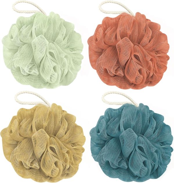Shower Loofah Bath Sponge, 60G Loofah Exfoliating Body Scrubber, 4 Color Mesh Shower Pouf Balls for Body Wash (Yellow Red Green Blue)