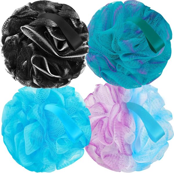 Bath Loofah Sponge Back Scrubber Shower Sponge Soft Mesh Exfoliator Pouf Shower Ball Bath Sponges for Women and Men Bath Accessories (4Pcs 50g Mix Black)