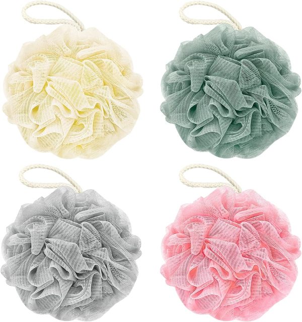Bath Loofah Sponge, 60G Shower Loofah Exfoliating Body Scrubber Sponge, 4 Count Bath Mesh Pouf Ball for Women and Men (Light Color)