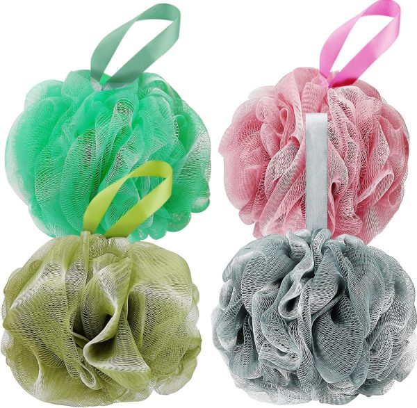 Bath Shower Loofah Sponge 60g Bath Mesh Pouf Shower Ball Body Scrubber Exfoliating Bath Sponge for Women and Men, Set of 4, Black (Loofah-Medium, Army Green)