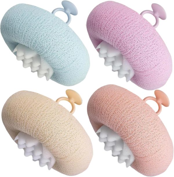 4Pcs Bath Sponge Shower Loofah, Exfoliating Body Scrubber, Upgrade Large 2-in-1 Sunflower Bath Ball with Suction Cup Non-Slip Handle, Bath Sponges for Men Women(Blue&Purple&Pink&Beige)