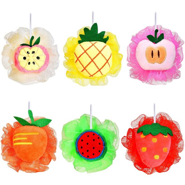 6 Pieces Cute Fruit Bath Shower Sponge Loofahs Mesh Pouf Shower Ball Colorful Cartoon Body Scrubber Balls Shower Mesh for Adults