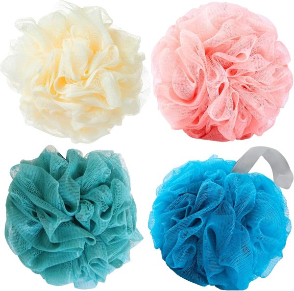 Luffa Loofah Sponge Shower Loofahs 50g Shower Bath Sponges Exfoliating Mesh Pouf Mesh Balls for Body Wash Back Scrubber Bathroom Men Women Soft Scrubber Cleaning Bathing Accessories Tool (4Colors)
