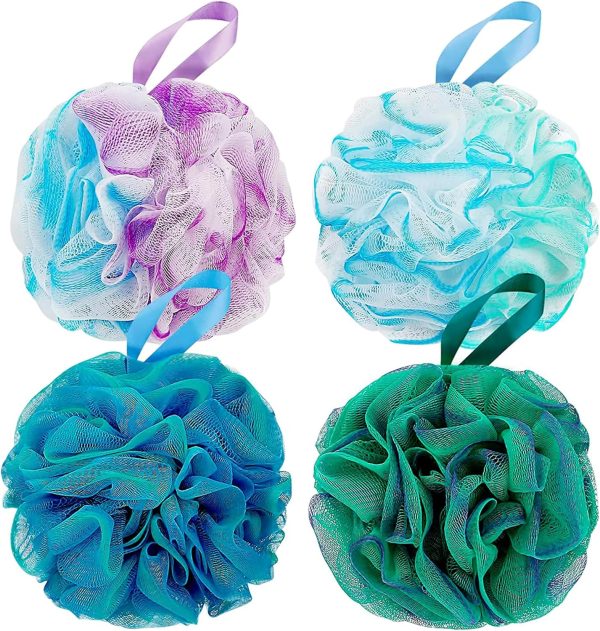 Shower Loofah Sponge Pouf – XL Exfoliating Bath Puff Body Scrubber, Soft Mesh Shower Sponge with Reinforced Knot, Rich Lather, Set of 4 for Women and Men