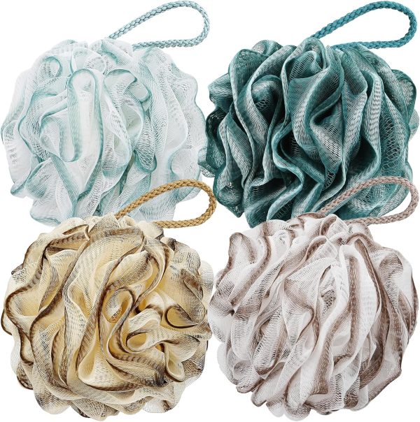Bath Shower Loofah Sponge 60g Bath Mesh Pouf Shower Ball Body Scrubber Exfoliating Bath Sponge for Women and Men, Set of 4 (Colorful Gold)